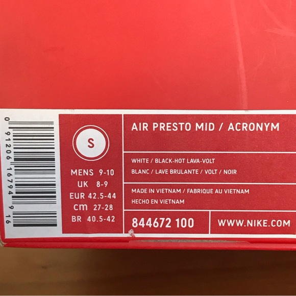 NIKE Acronym Air Presto Mid "Hot Lava/Volt" sneakers
Men’s Size 9 /S - Picture 12 of 14